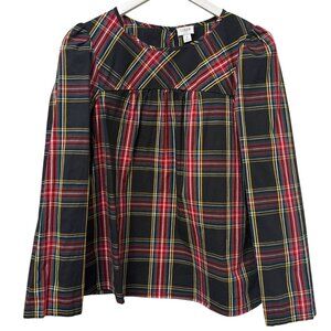 J CREW Plaid Blouse Small Black Red Puff Sleeve Preppy Womens Top Organic Cotton